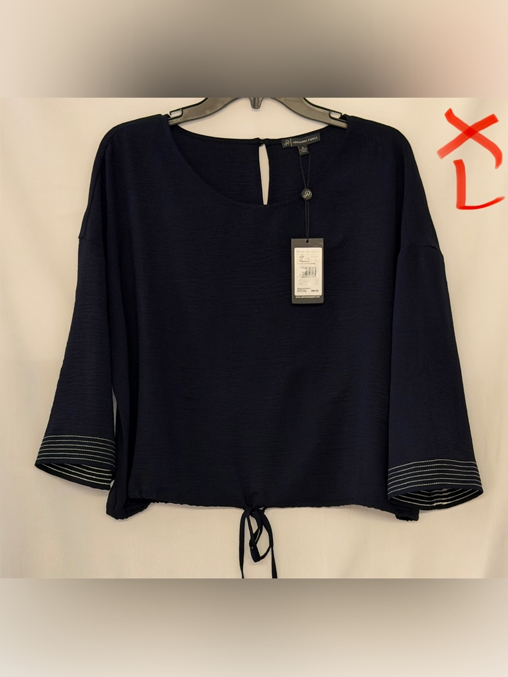 Adrianna Papell Navy Drawstring-Hem Tunic with Striped Cuffs